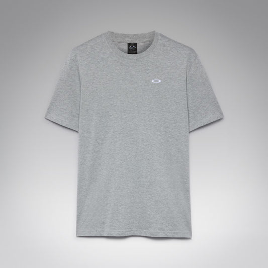 A light gray heather crewneck t-shirt with a small white oval logo on the left chest, displayed against a neutral gray gradient background.