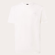 A plain white short-sleeve crewneck t-shirt with a small, subtle tonal oval logo on the left chest, displayed against a solid off-white background.