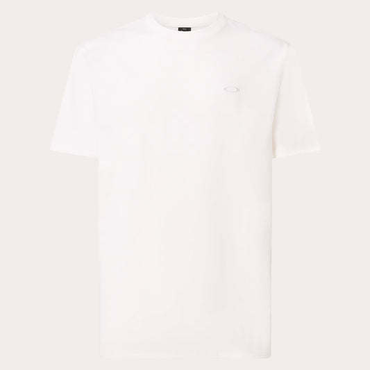 A plain white short-sleeve crewneck t-shirt with a small, subtle tonal oval logo on the left chest, displayed against a solid off-white background.