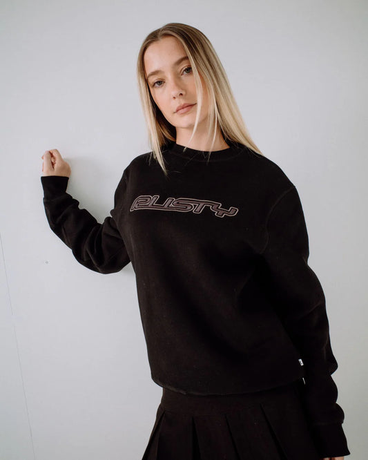 Person wearing a black sweatshirt with 'rusty' logo against a white background