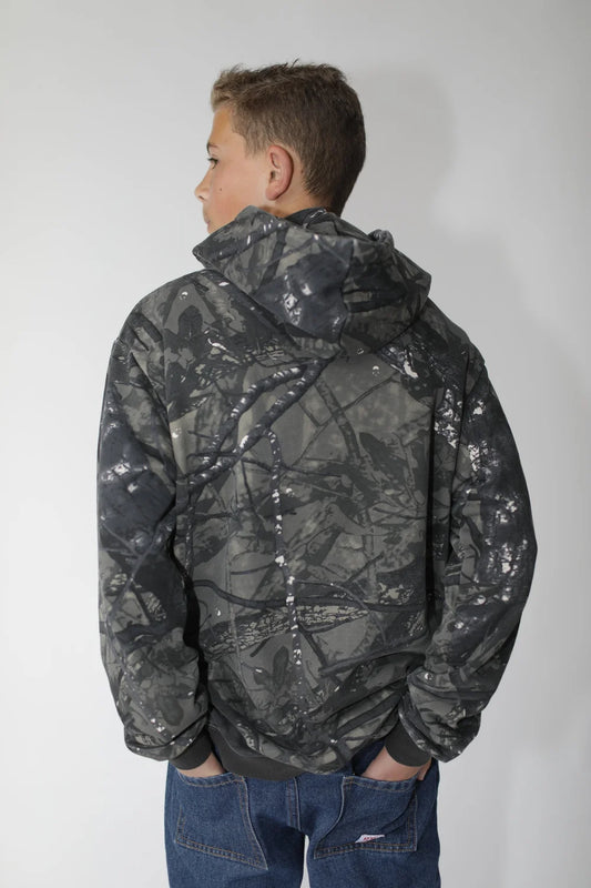 Person wearing a dark camouflage jacket on a plain background
