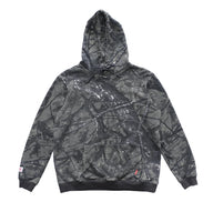 Gray camouflage hoodie with brand logo on a white background