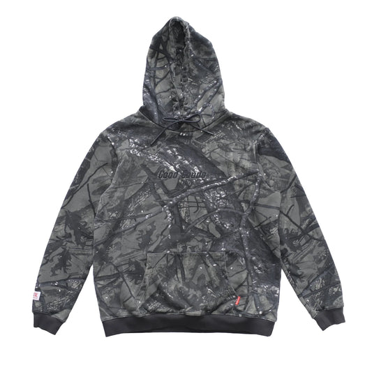 Gray camouflage hoodie with brand logo on a white background