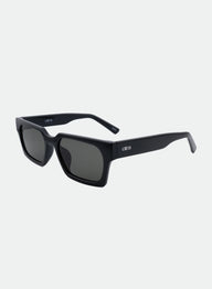 Sunglasses with reflective lenses on a white background