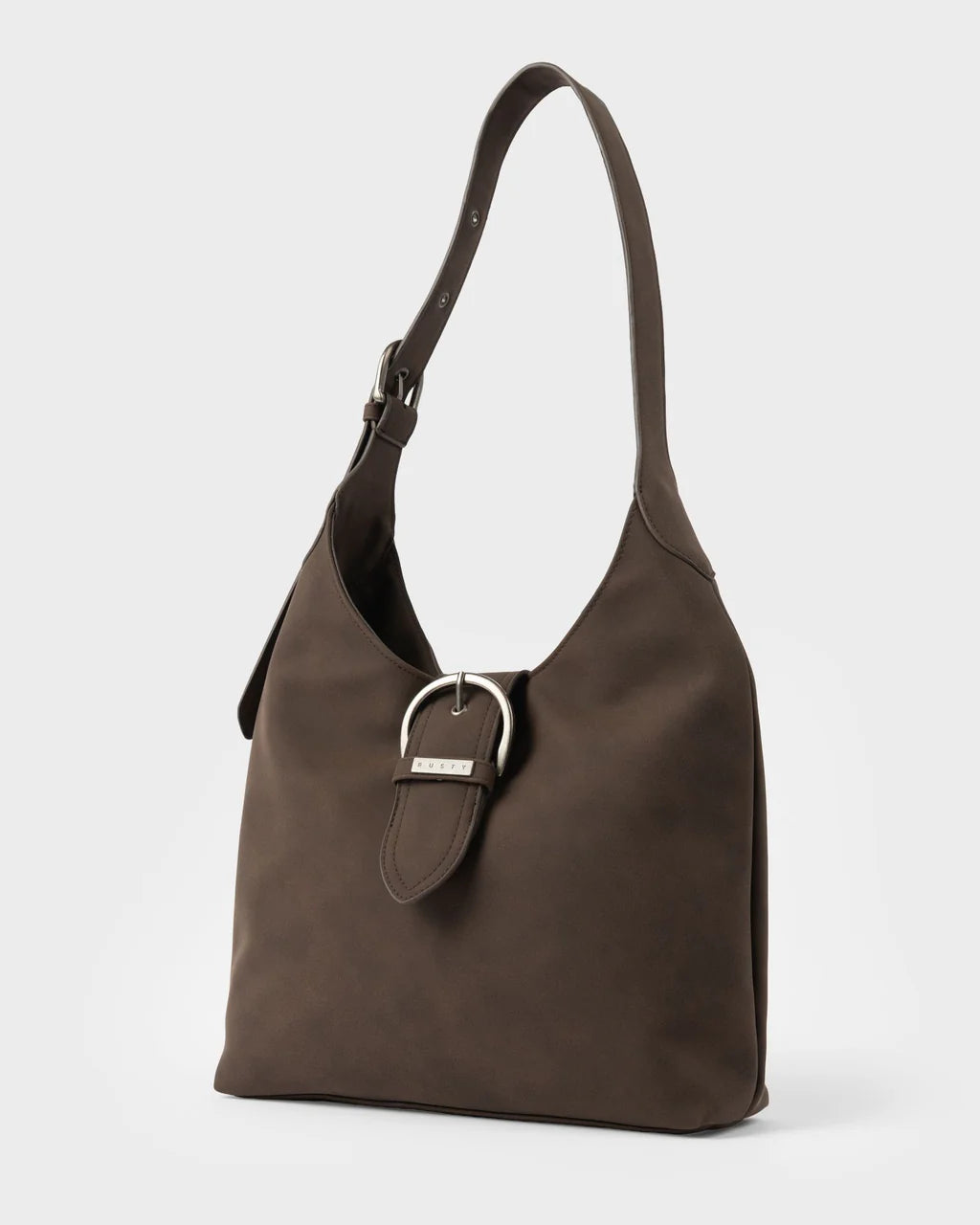 Brown shoulder bag with a silver buckle on a white background