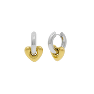 Heart-shaped hoop earrings in two-tone gold and silver on a white background