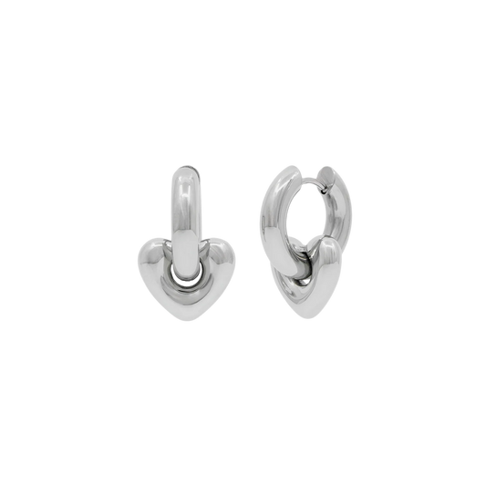 Pair of silver hoop earrings on a white background