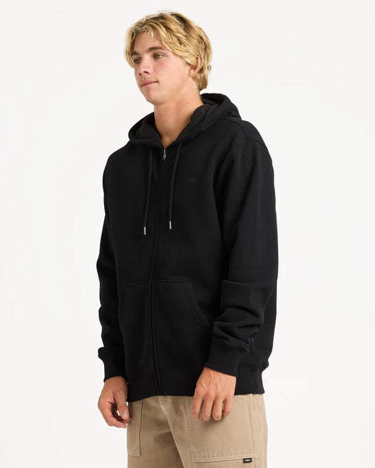 Person wearing a black hoodie on a white background