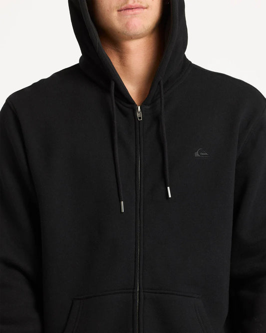 Black hoodie with a small logo on the chest against a white background
