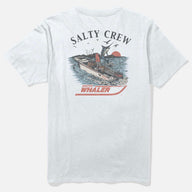 A light gray crewneck t-shirt shown from the back, featuring a large graphic print of a fishing boat, a mackerel, birds, and a red sun with the text 'SALTY CREW' and 'BOSTON WHALER'.