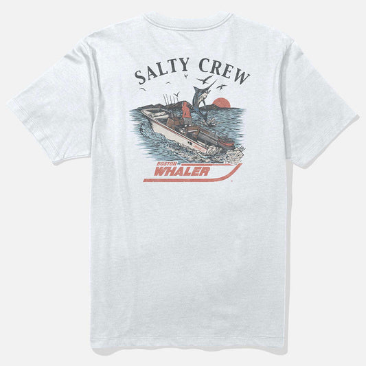 A light gray crewneck t-shirt shown from the back, featuring a large graphic print of a fishing boat, a mackerel, birds, and a red sun with the text 'SALTY CREW' and 'BOSTON WHALER'.