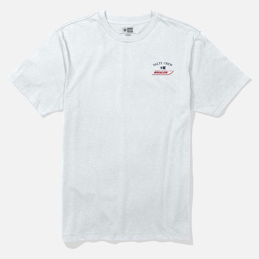 A white short-sleeve crewneck t-shirt with a small 'Salty Crew x Wolley' graphic printed on the left chest, displayed on a clean white background.
