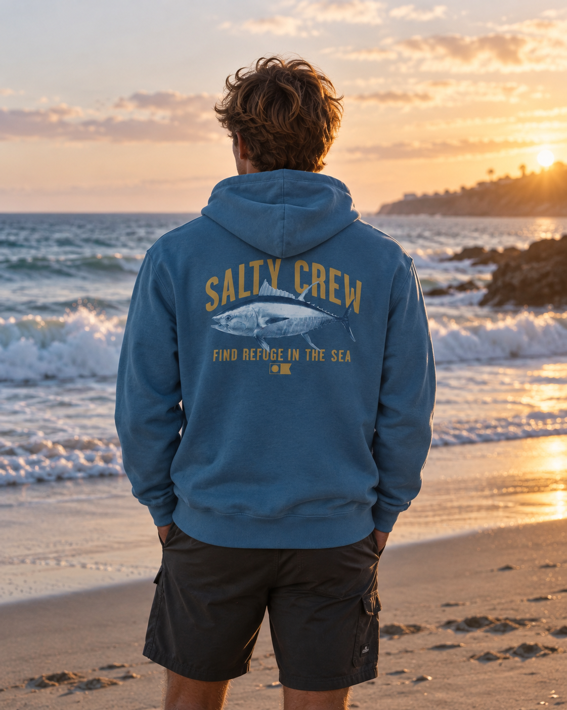 A man stands on a beach at sunset facing away from the camera, wearing a slate blue hoodie with a large yellow and white graphic on the back that reads 'SALTY CREW' and 'FIND REFUGE IN THE SEA'.
