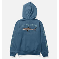 A blue pullover hoodie shown from the back, featuring a shark graphic and 'SALTY CREW' text printed on the back, with additional text down one sleeve, on a light gray background.
