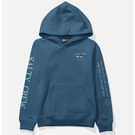 A slate blue pullover hoodie with 'SALTY CREW' printed vertically on the right sleeve, a small 'SALTY FISH' graphic on the left chest, and a depth measurement graphic on the left sleeve, shown against a light gray background.