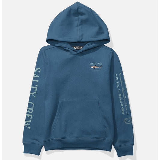 A slate blue pullover hoodie with 'SALTY CREW' printed vertically on the right sleeve, a small 'SALTY FISH' graphic on the left chest, and a depth measurement graphic on the left sleeve, shown against a light gray background.