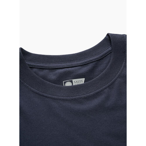 Close-up of a navy blue t-shirt collar with a brand logo on a white background