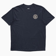 Navy t-shirt with a logo on the chest against a white background