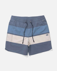 Color-blocked shorts with blue, gray, and beige stripes on a white background