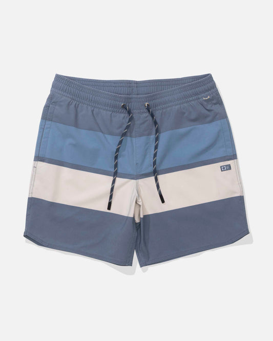 Color-blocked shorts with blue, gray, and beige stripes on a white background