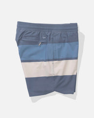Blue and gray striped shorts on a white background