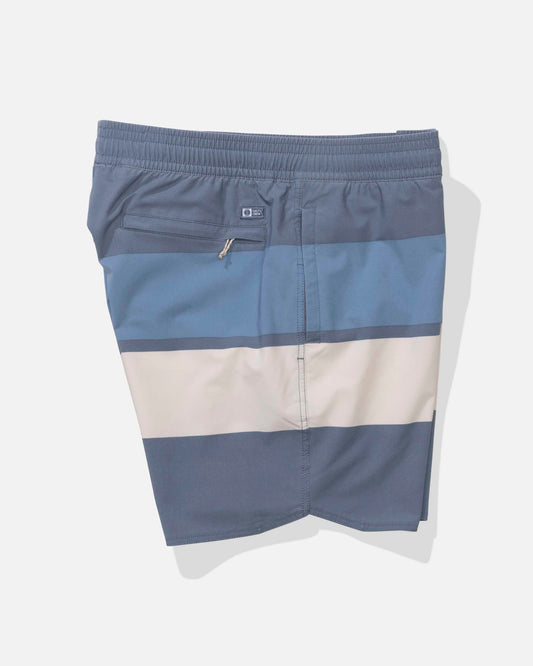 Blue and gray striped shorts on a white background