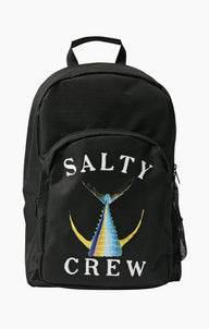 A black Salty Crew backpack featuring a large front graphic of a marlin tail, yellow crescent moons, and white text reading 'SALTY CREW' on a light gray background.