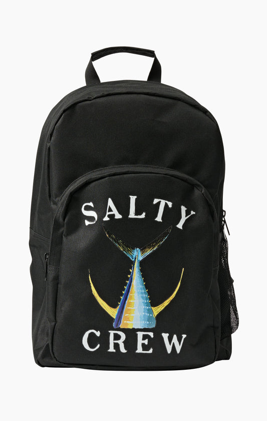 A black Salty Crew backpack featuring a large front graphic of a marlin tail, yellow crescent moons, and white text reading 'SALTY CREW' on a light gray background.