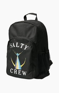 A black Salty Crew backpack featuring a front graphic of a marlin with white 'SALTY CREW' text, set against a plain white background.