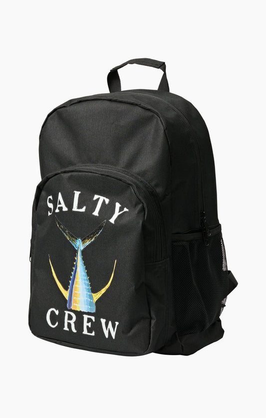 A black Salty Crew backpack featuring a front graphic of a marlin with white 'SALTY CREW' text, set against a plain white background.