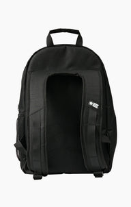 A black backpack shown from the back, featuring padded shoulder straps, a top carry handle, side mesh pockets, and a small white brand tag on the right side, set against a plain white background.