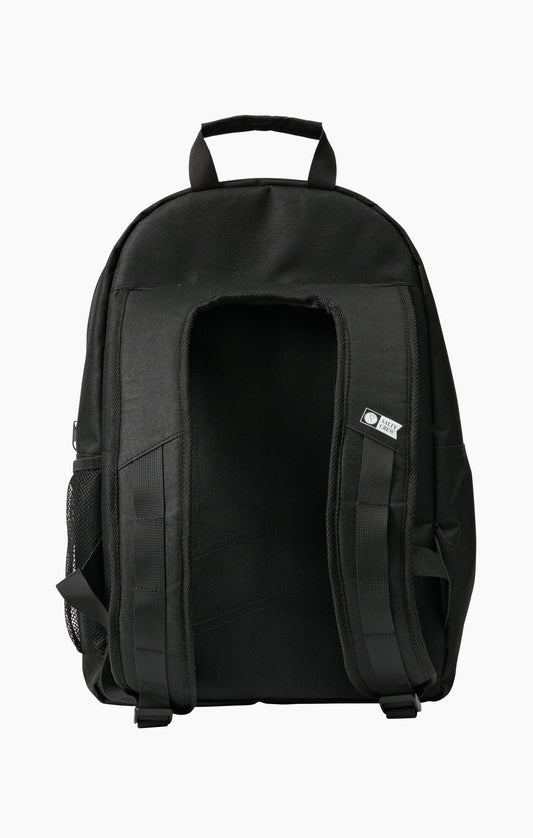 A black backpack shown from the back, featuring padded shoulder straps, a top carry handle, side mesh pockets, and a small white brand tag on the right side, set against a plain white background.