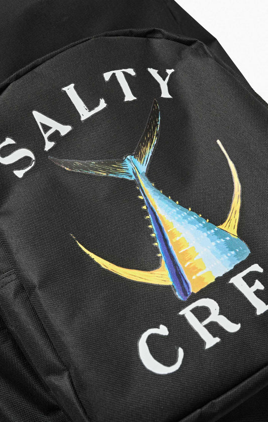 Close-up of a black backpack featuring a colorful printed graphic of a blue and yellow sailfish with white text reading 'SALTY CREW' on the side.