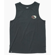 A dark charcoal gray sleeveless tank top with a small multicolor graphic on the left chest, displayed flat against a light gray background.