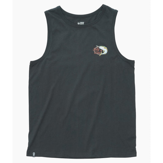 A dark charcoal gray sleeveless tank top with a small multicolor graphic on the left chest, displayed flat against a light gray background.