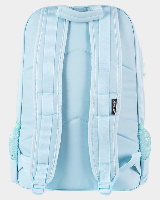 Light blue backpack with a visible brand label on a light gray background