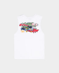 White t-shirt with colorful graphic design on a white background