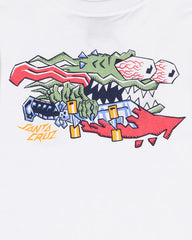White t-shirt with colorful graphic design featuring a shark and text on a white background