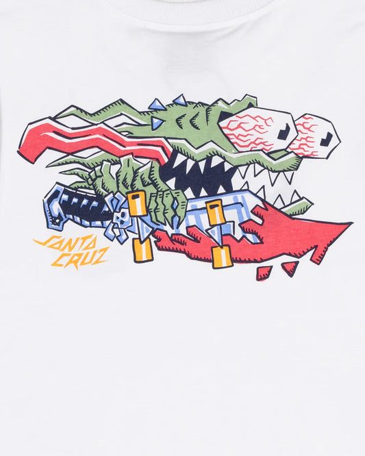 White t-shirt with colorful graphic design featuring a shark and text on a white background