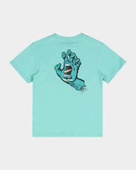 Light blue t-shirt with a graphic of a hand on the back against a white background