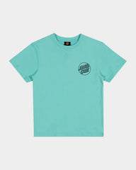 Teal t-shirt with a logo on a white background
