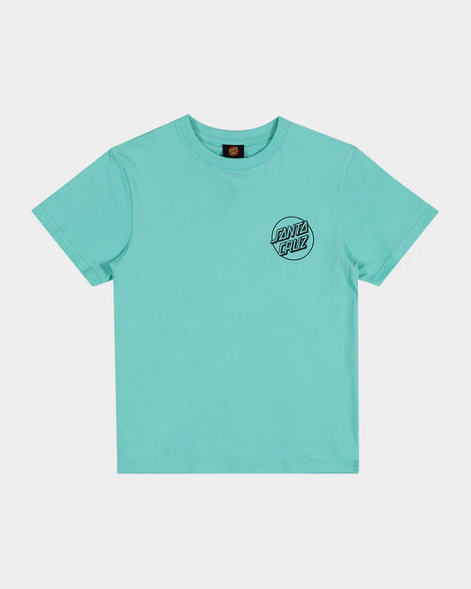 Teal t-shirt with a logo on a white background