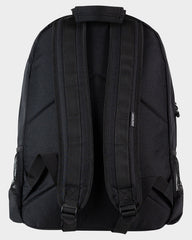 Black backpack shown from the back on a light gray background