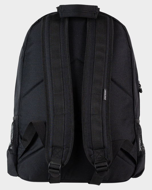 Black backpack shown from the back on a light gray background