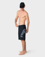 black boardshort with rusty up the side