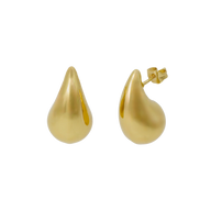 Gold teardrop-shaped earrings on a white background