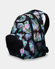 Backpack with colorful floral pattern on a white background