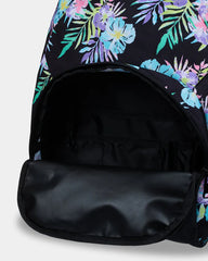Backpack with colorful floral pattern on a black background