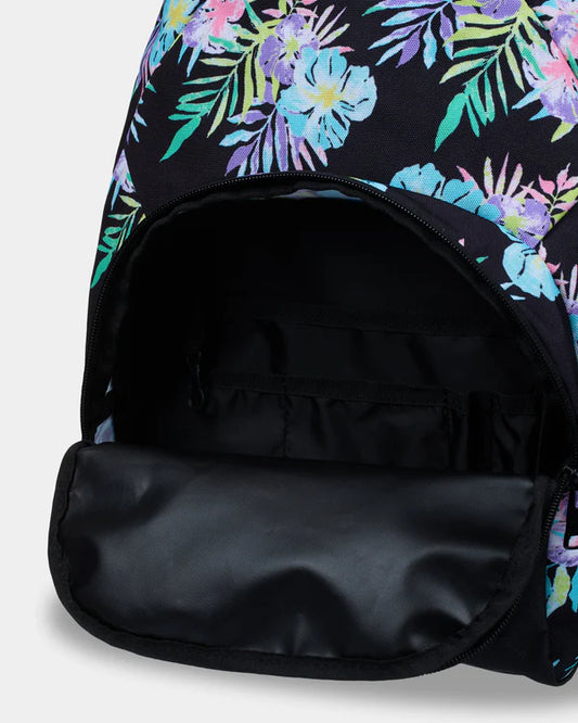 Backpack with colorful floral pattern on a black background