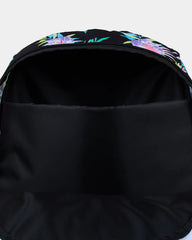 Black backpack with colorful floral pattern on top against a white background